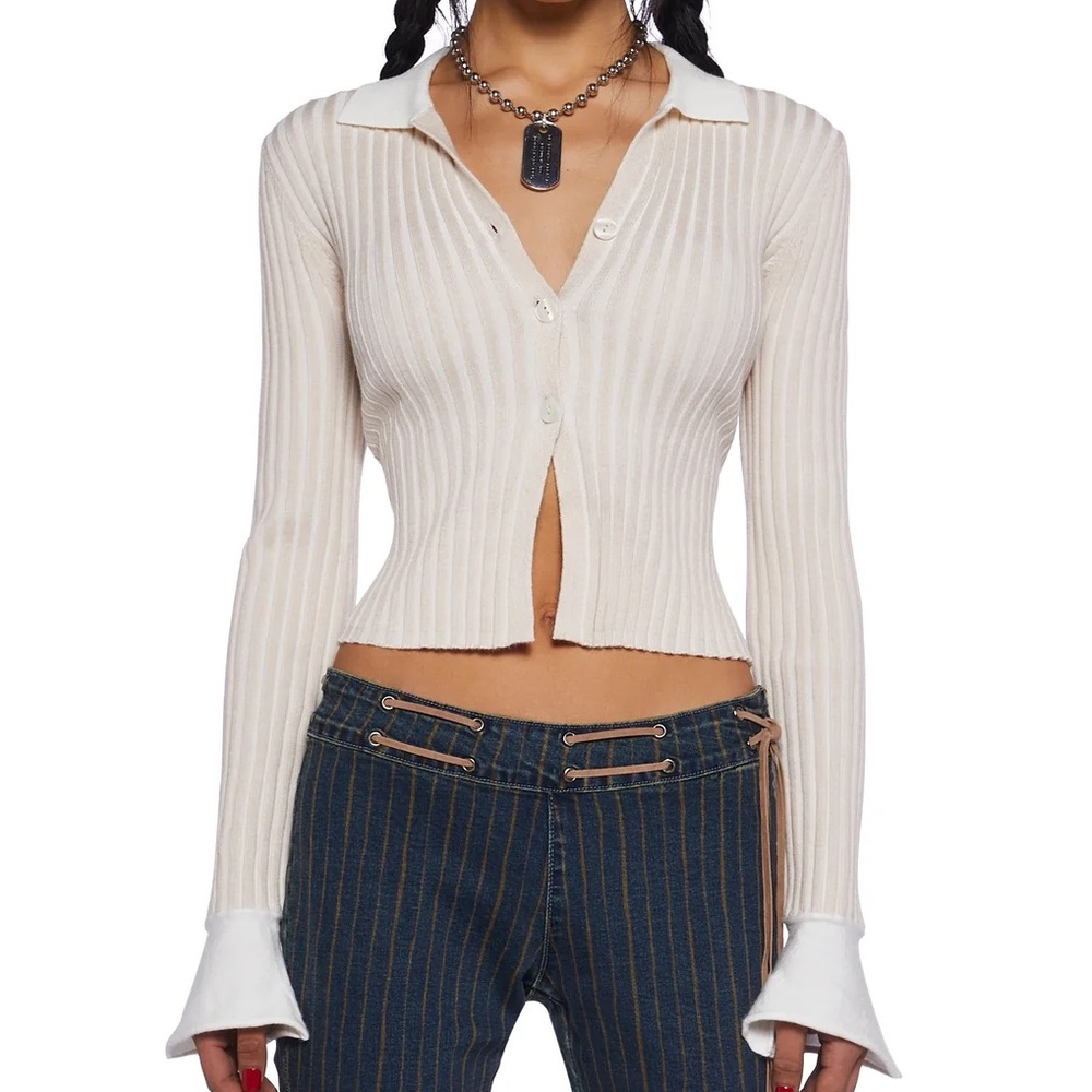 Soft cream ribbed collared top size small